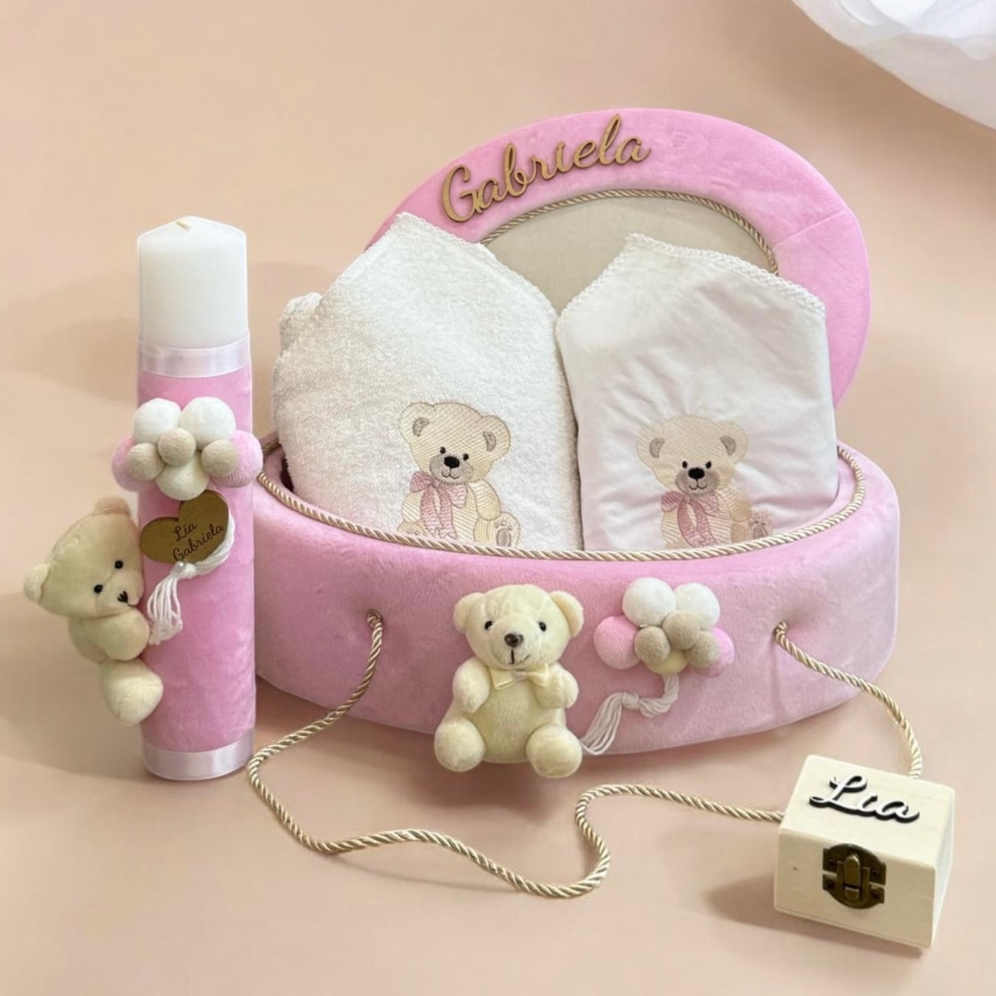 Cufar, lumanare si trusou botez personalizat