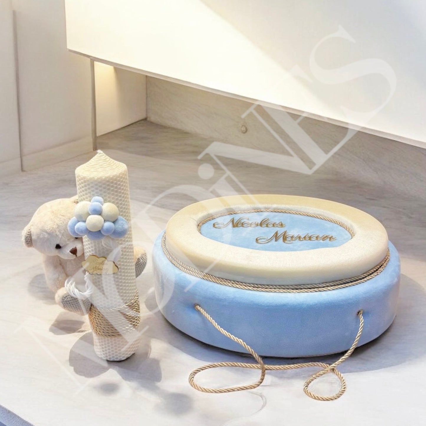 Cufar catifea bleu lumanare botes ceara naturala ursulet personalizat baiat