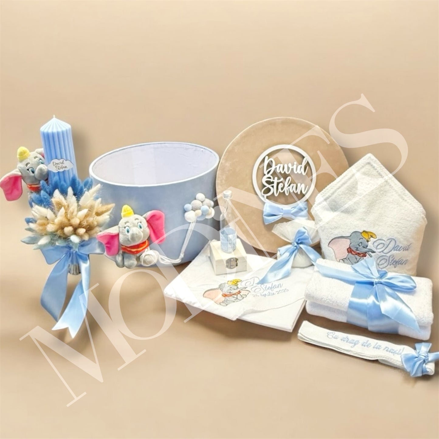 Cufar, trusou brodat si lumanare set personalizat baiat baieti bleu