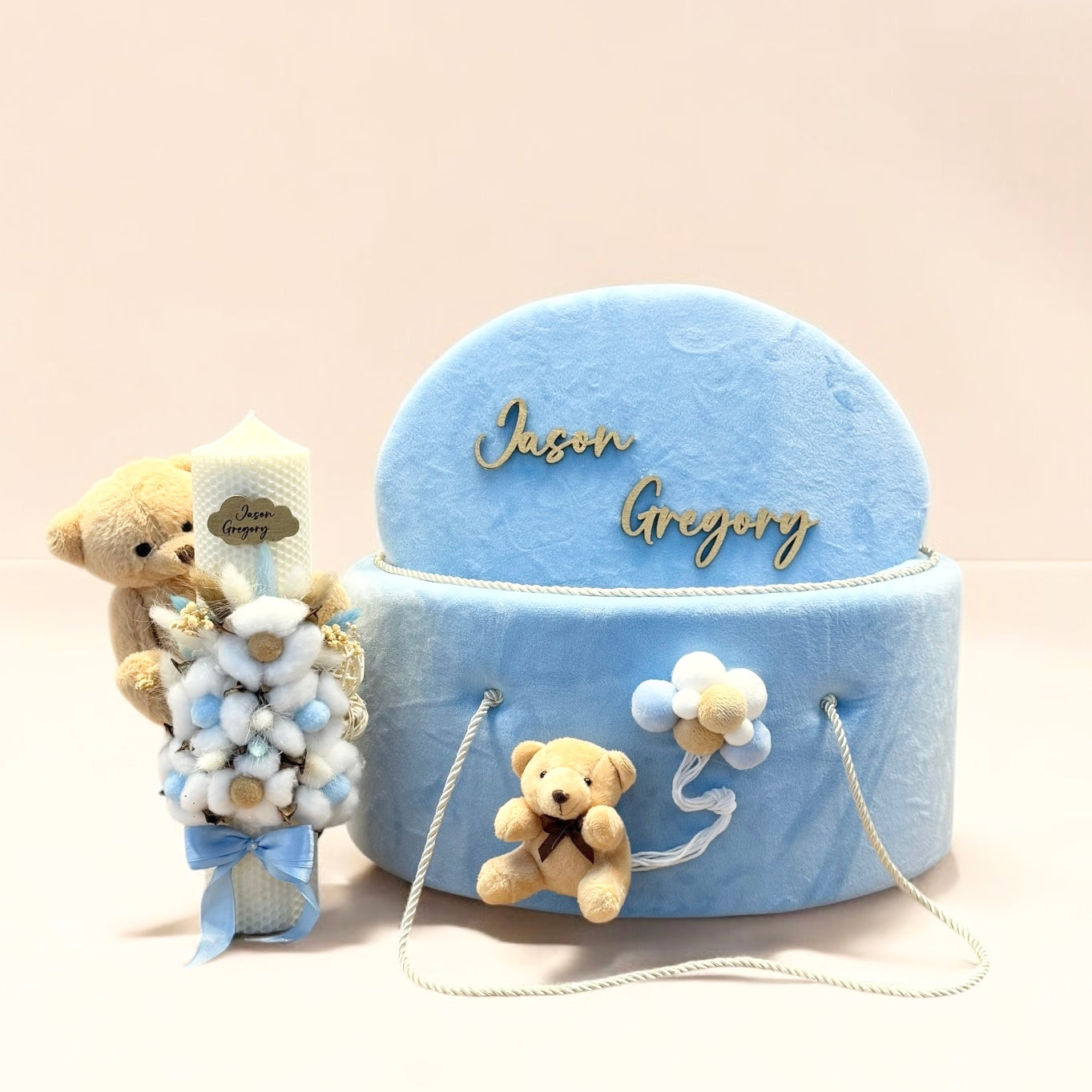 Cufar, lumanare si trusou botez personalizat