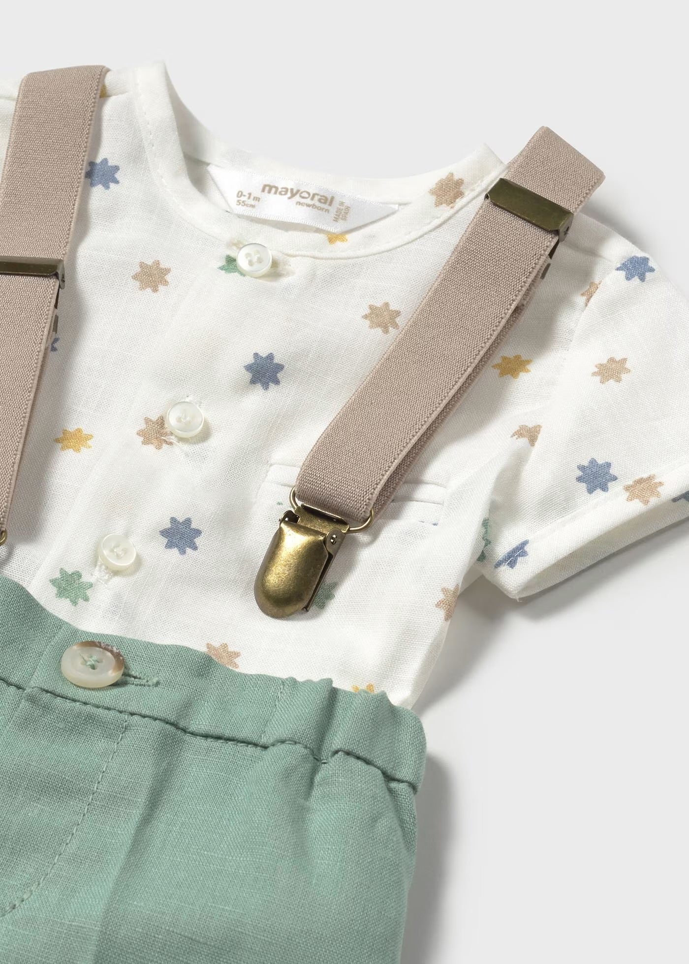 Set pantaloni scurti cu bretele si camasa nou-nascut Mayoral