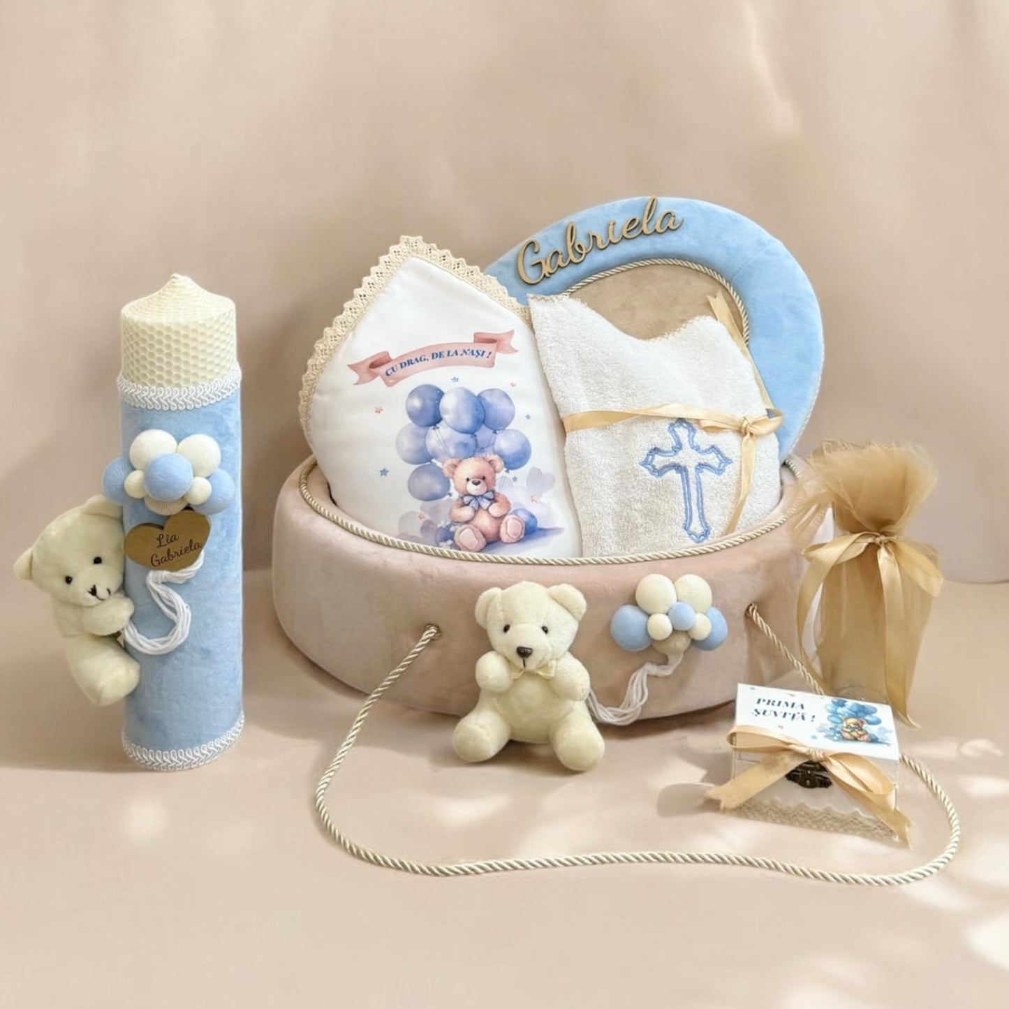 Cufar, lumanare si trusou botez personalizat