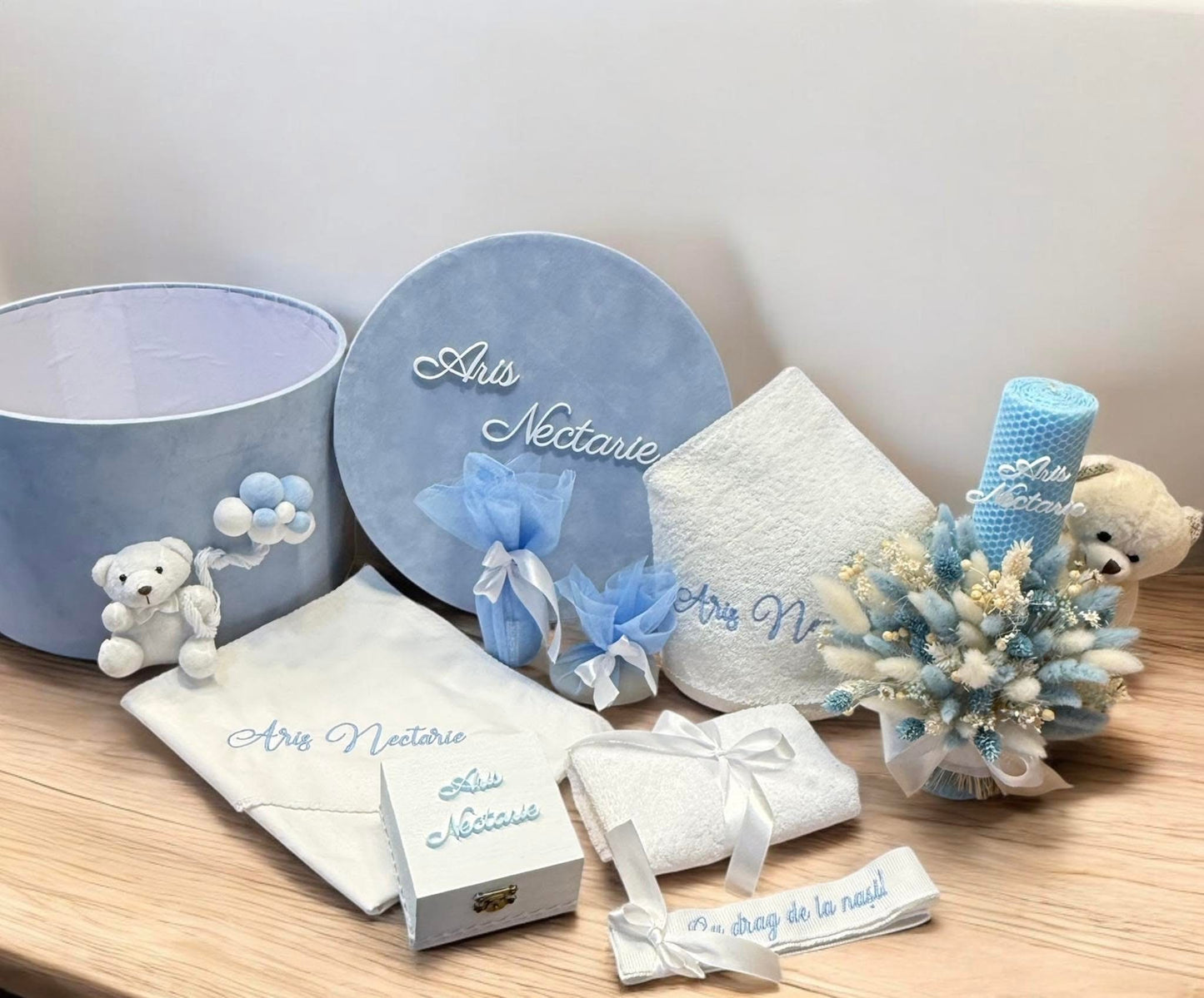 Cufar trusou lumanare botez personalizat baiat baieti bleu