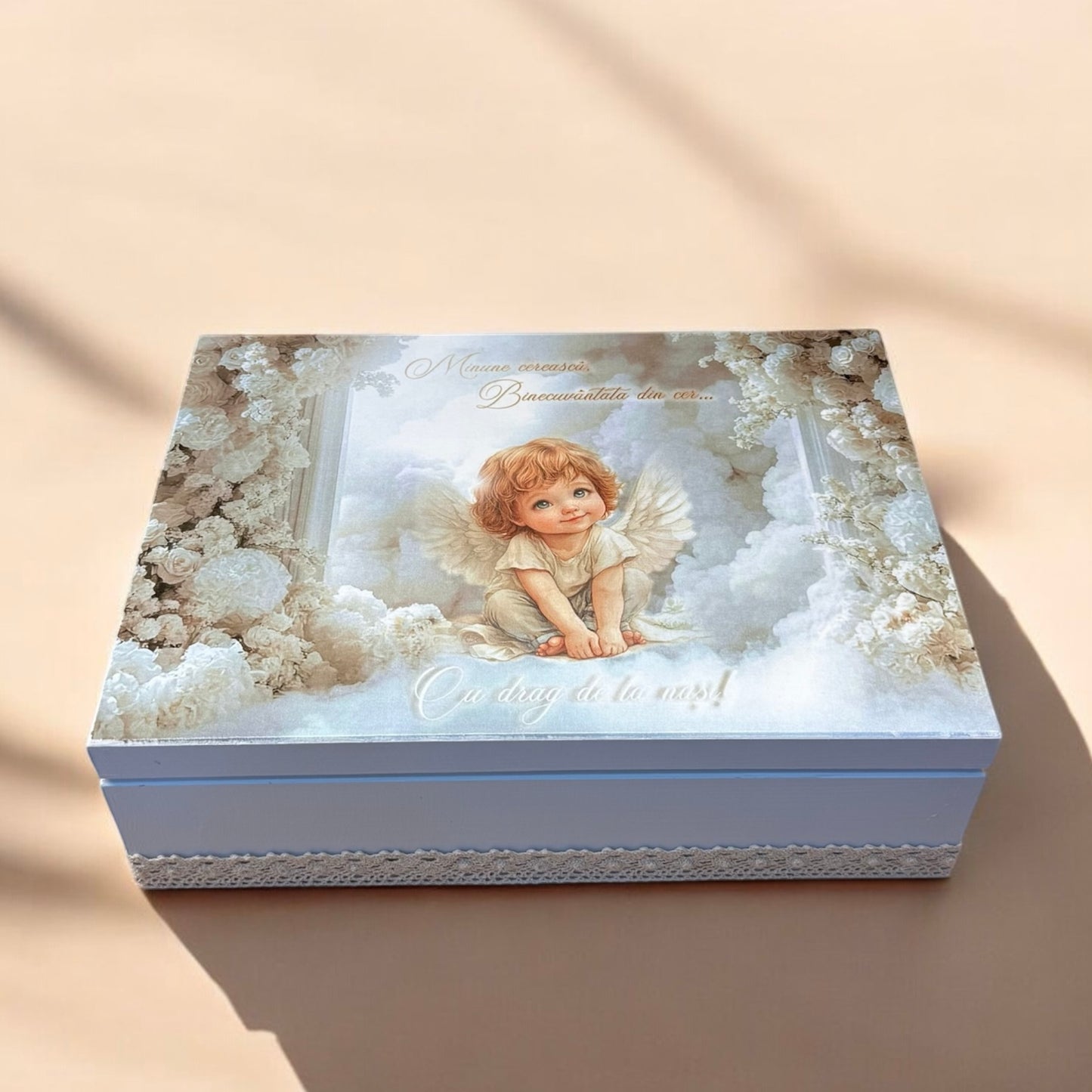 Cufar din lemn si trusou personalizat pentru botez