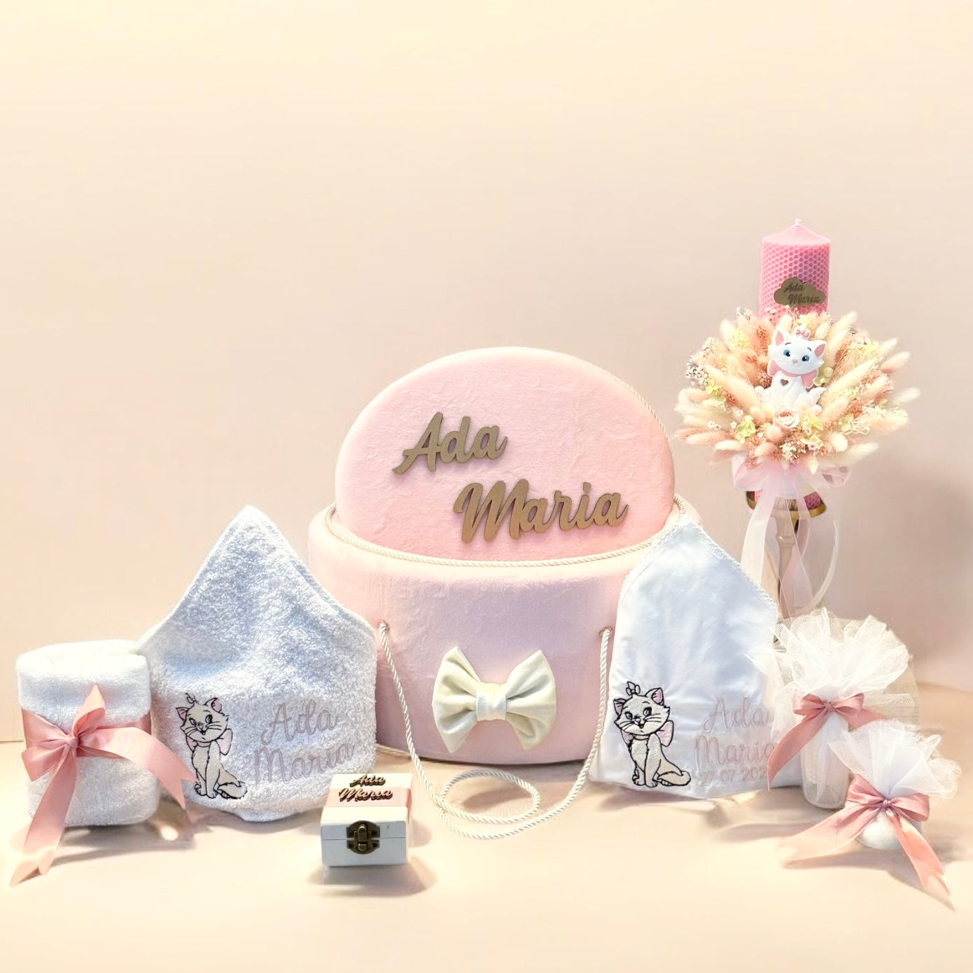 Cufar, lumanare si trusou botez personalizat