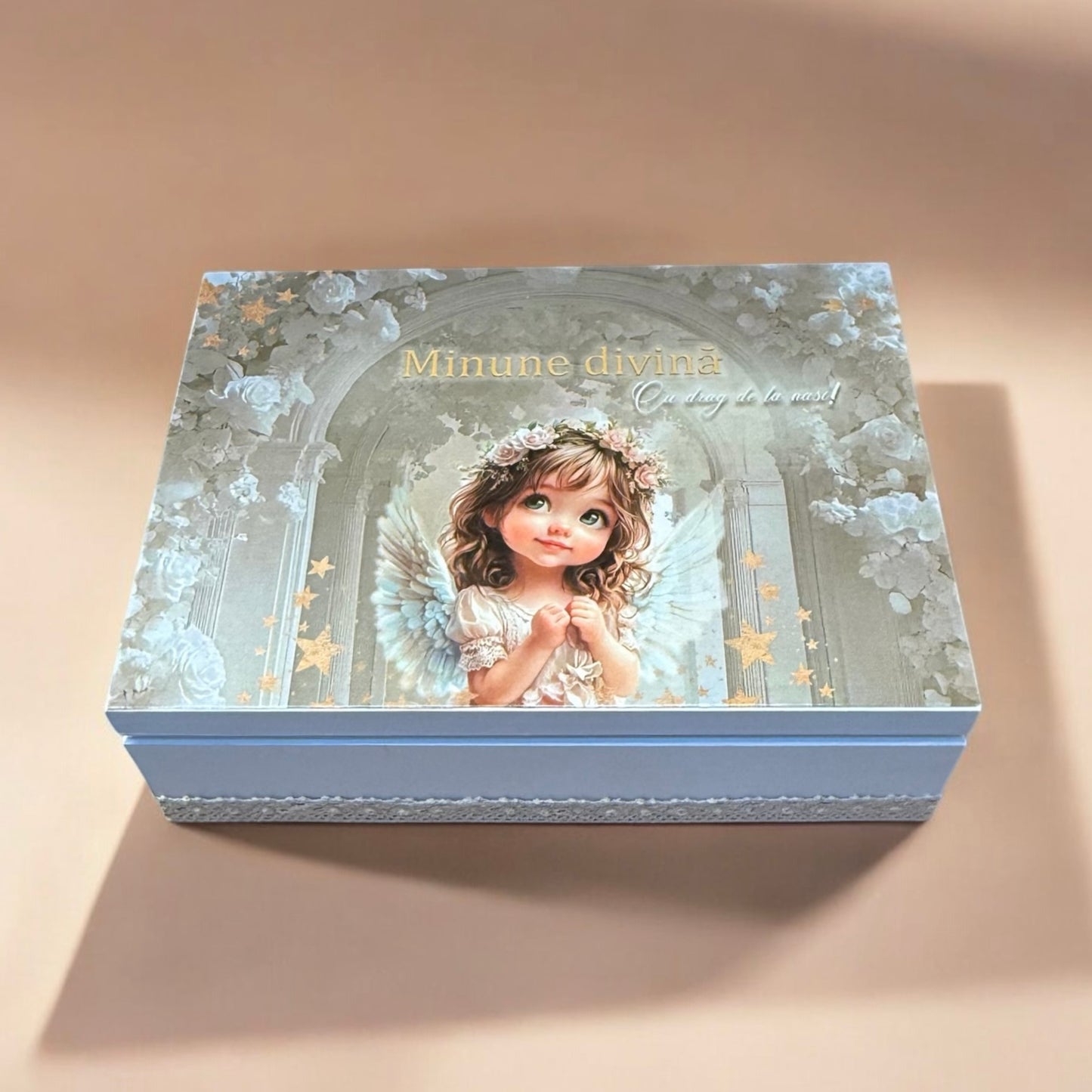 Cufar din lemn si trusou personalizat pentru botez