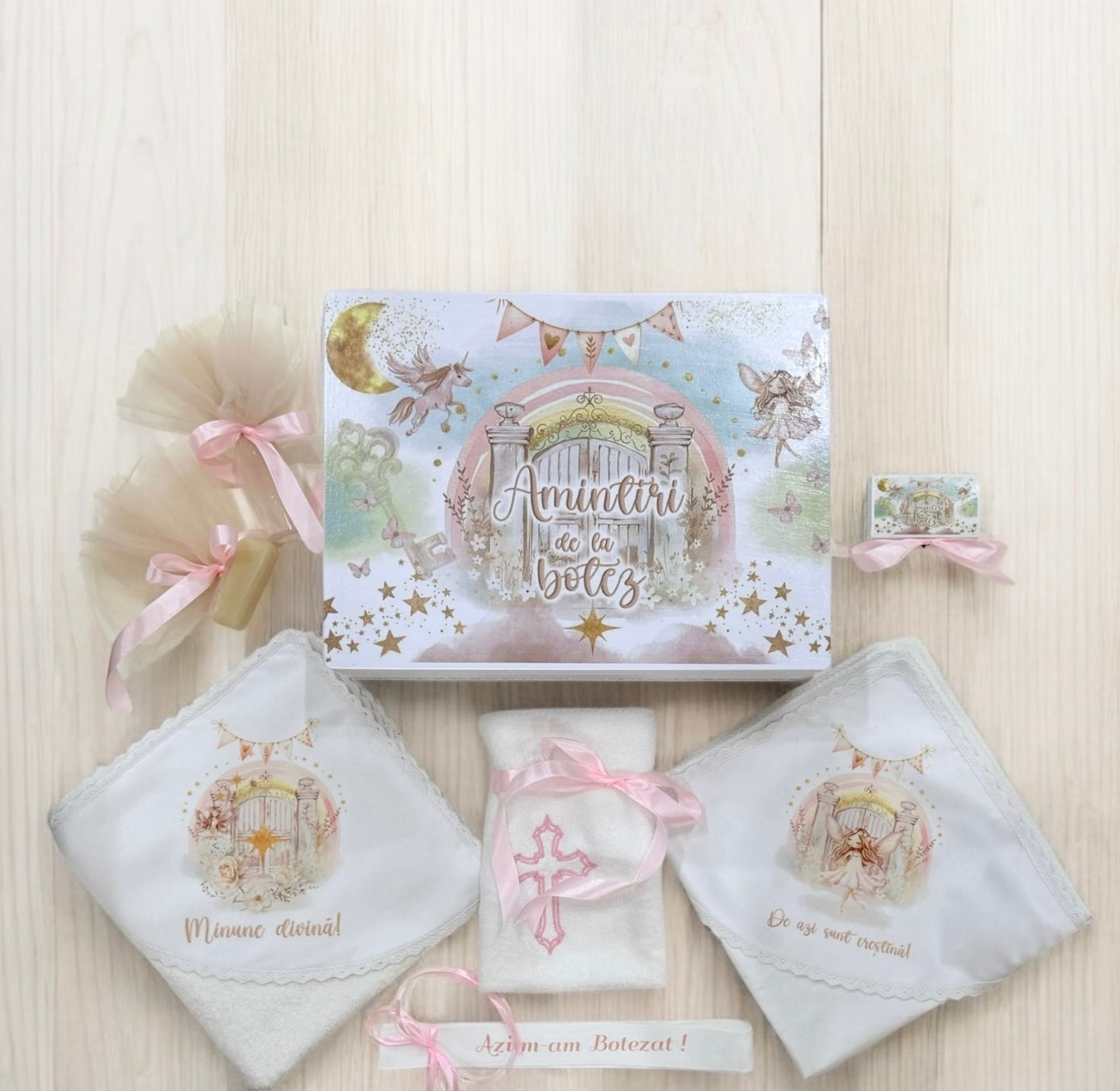 Trusou complet personalizat cu cufar mare din lemn pentru fete roz zane