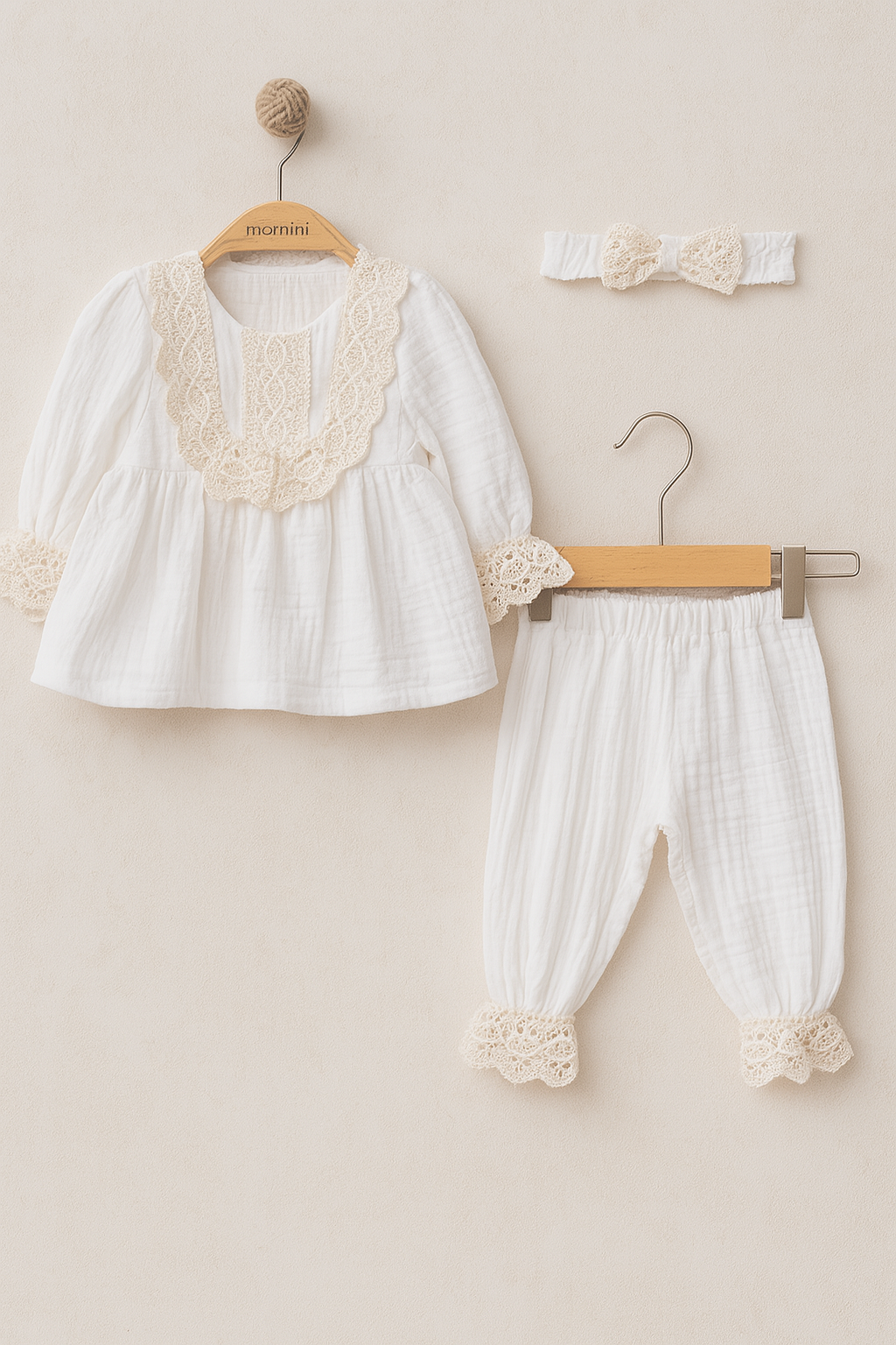 set botez fetita, haine elegante bebelus, costum muselina alb, set aniversare fetita, bentita dantela bebelusi, haine premium copii