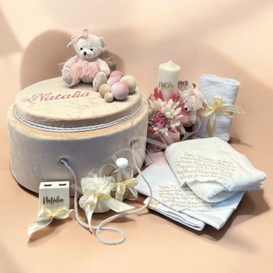 Cufar catifea, trusou personalizat si lumanarr din ceara naturala pentru botez fetite