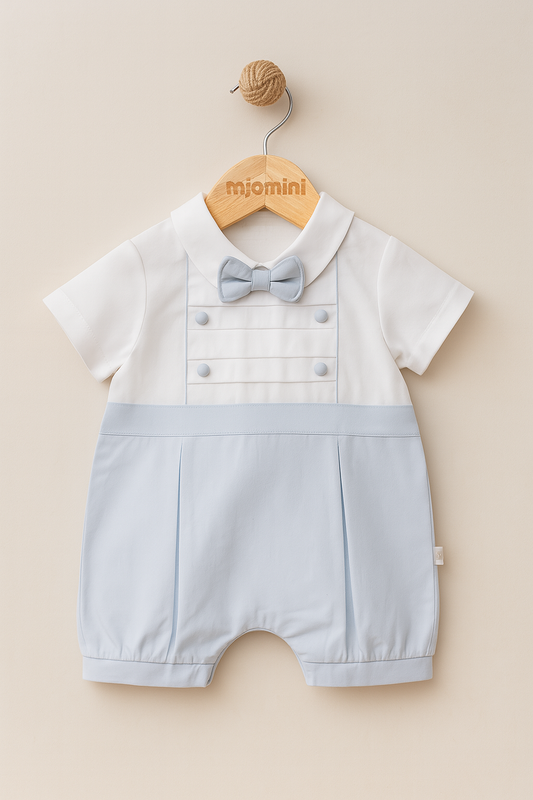 salopeta eleganta baietel, costum botez baiat, salopeta cu papion, haine eveniment bebelus, outfit elegant baieti 0-12 luni