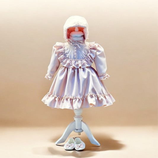 Rochita botez cu turban si papucei set fetite roz pudra