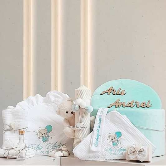 Cufar, lumanare si trusou botez personalizat Aris