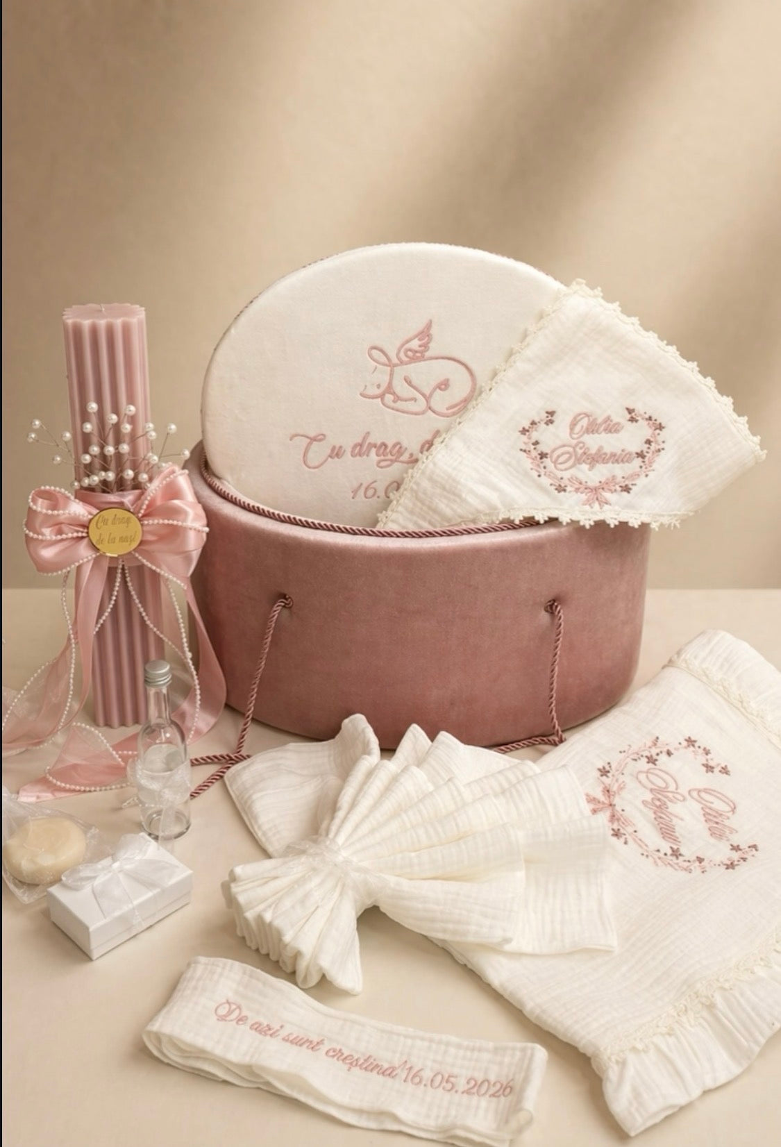 Set cufar, trusou si lumanare Dusty pink