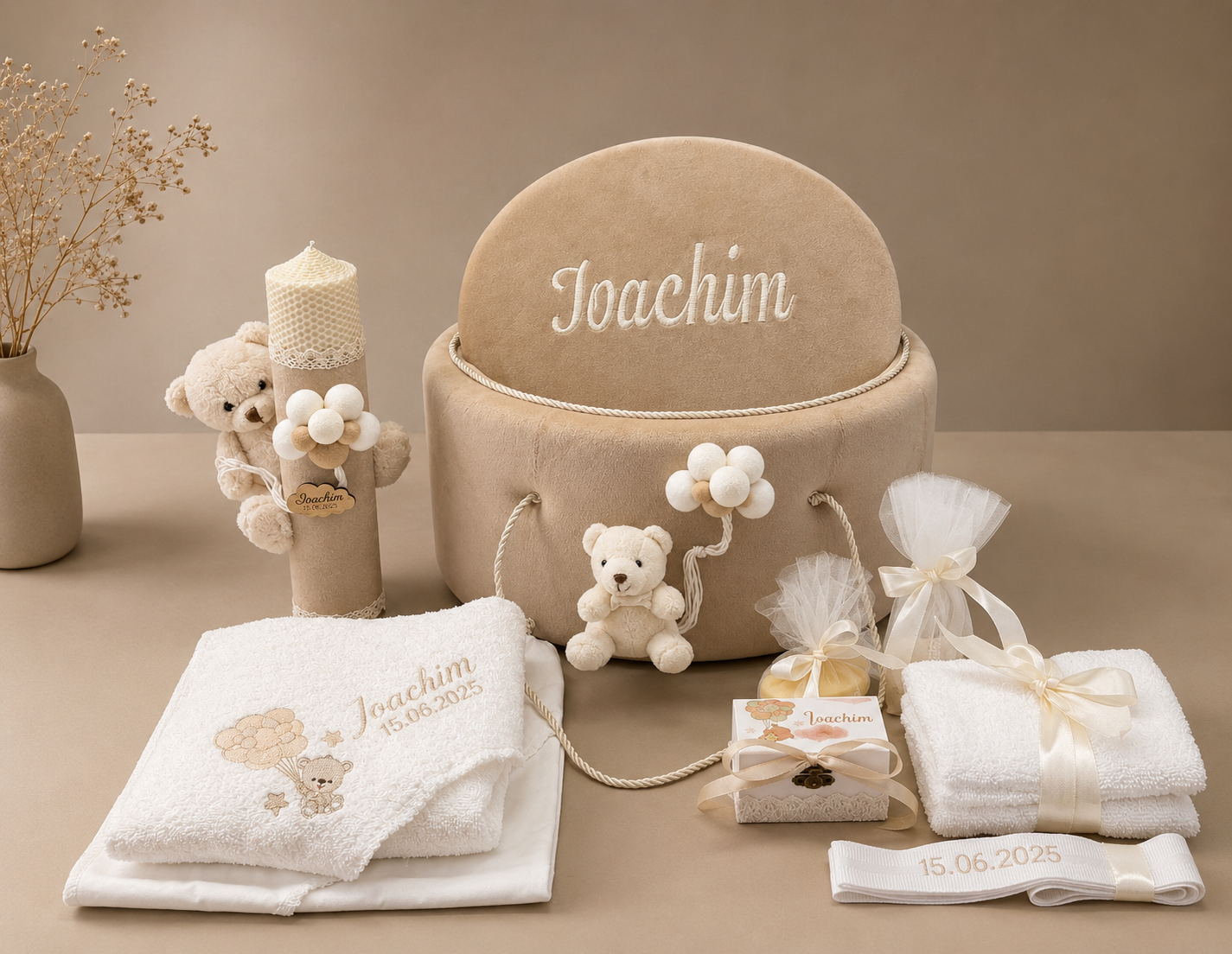 Cufar, lumanare si trusou botez personalizat