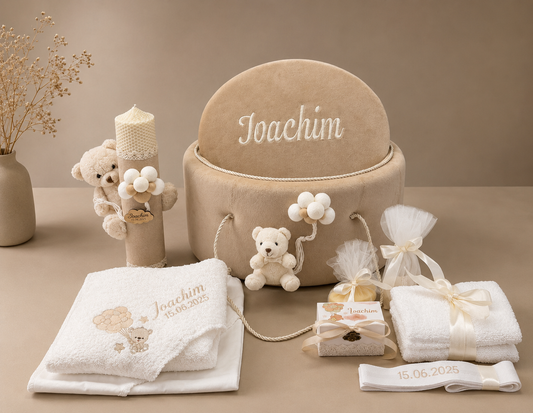 Cufar, lumanare si trusou botez personalizat