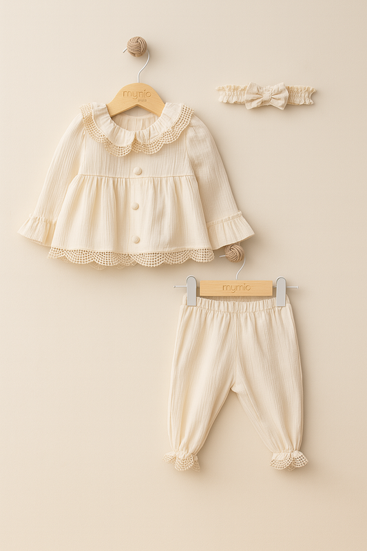 Set 3 piese fetita din muselinacrem cu dantela crem