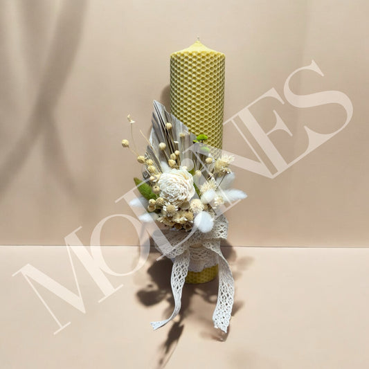 Lumanare botez ceara naturala cu flori naturale uscate fete baieti galben bej