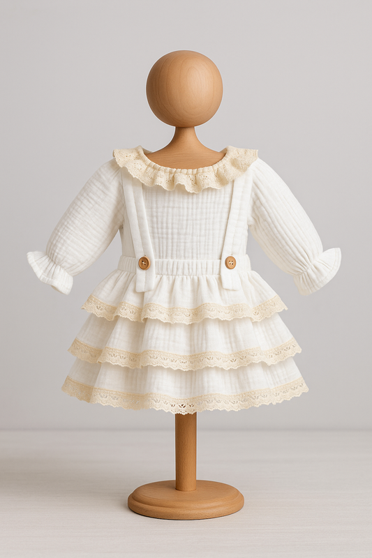 rochita botez fetita, rochie muselina bebelus, rochita cu dantela crem, rochie aniversare fetita, haine premium fetite, rochii elegante bebelusi