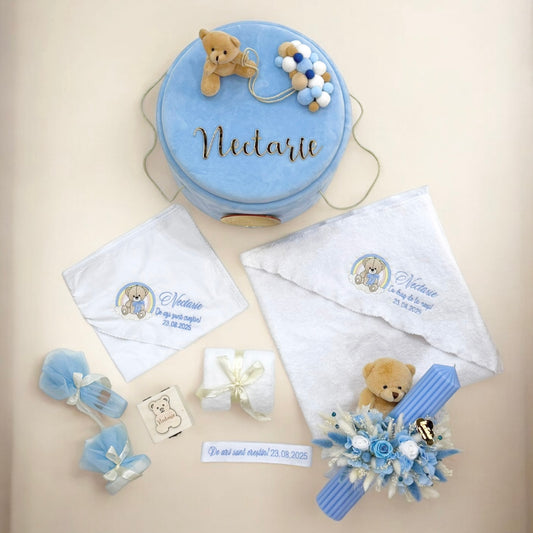 Cufar, lumanare si trusou botez personalizat Nectarie