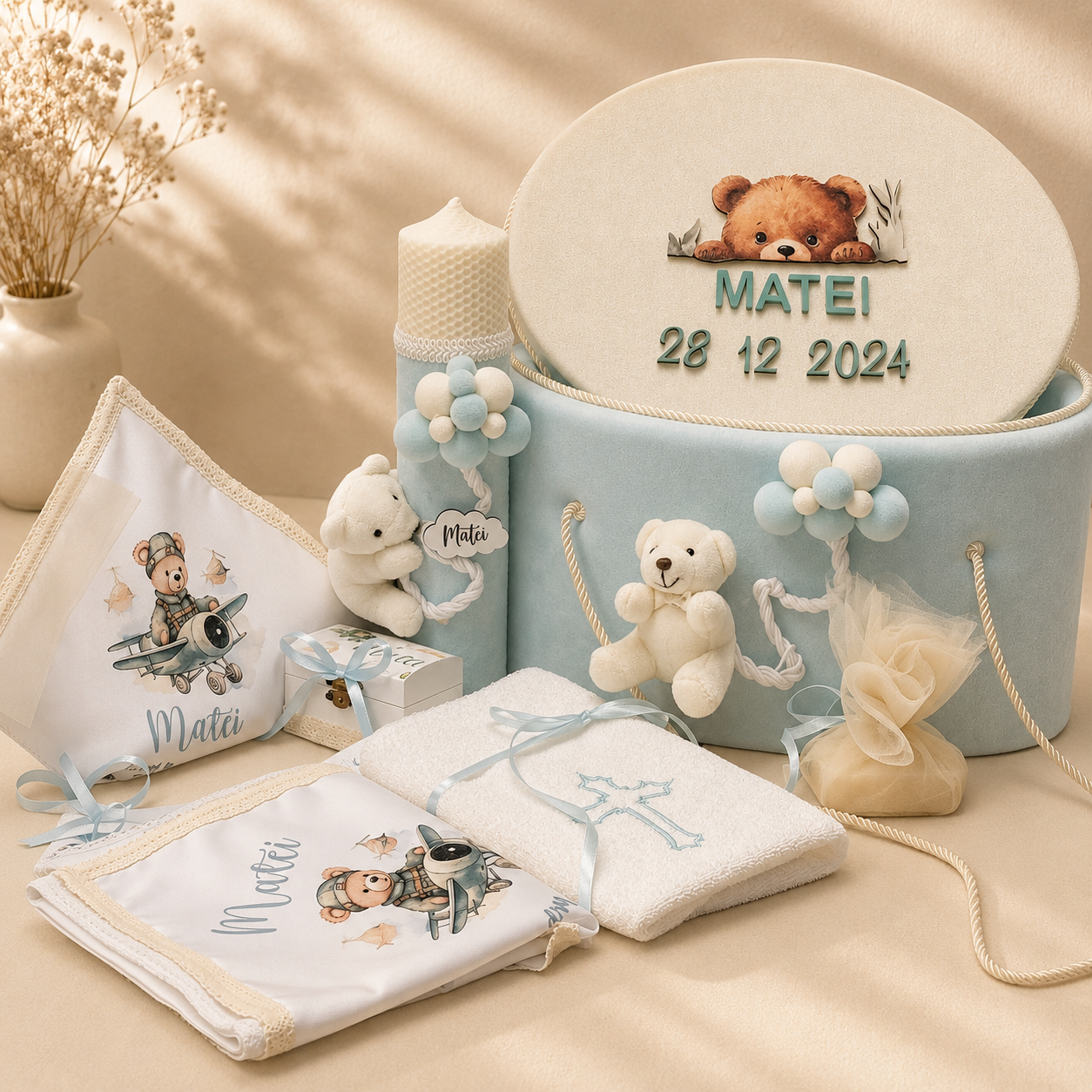 Set cufar, trusou si lumanare botez