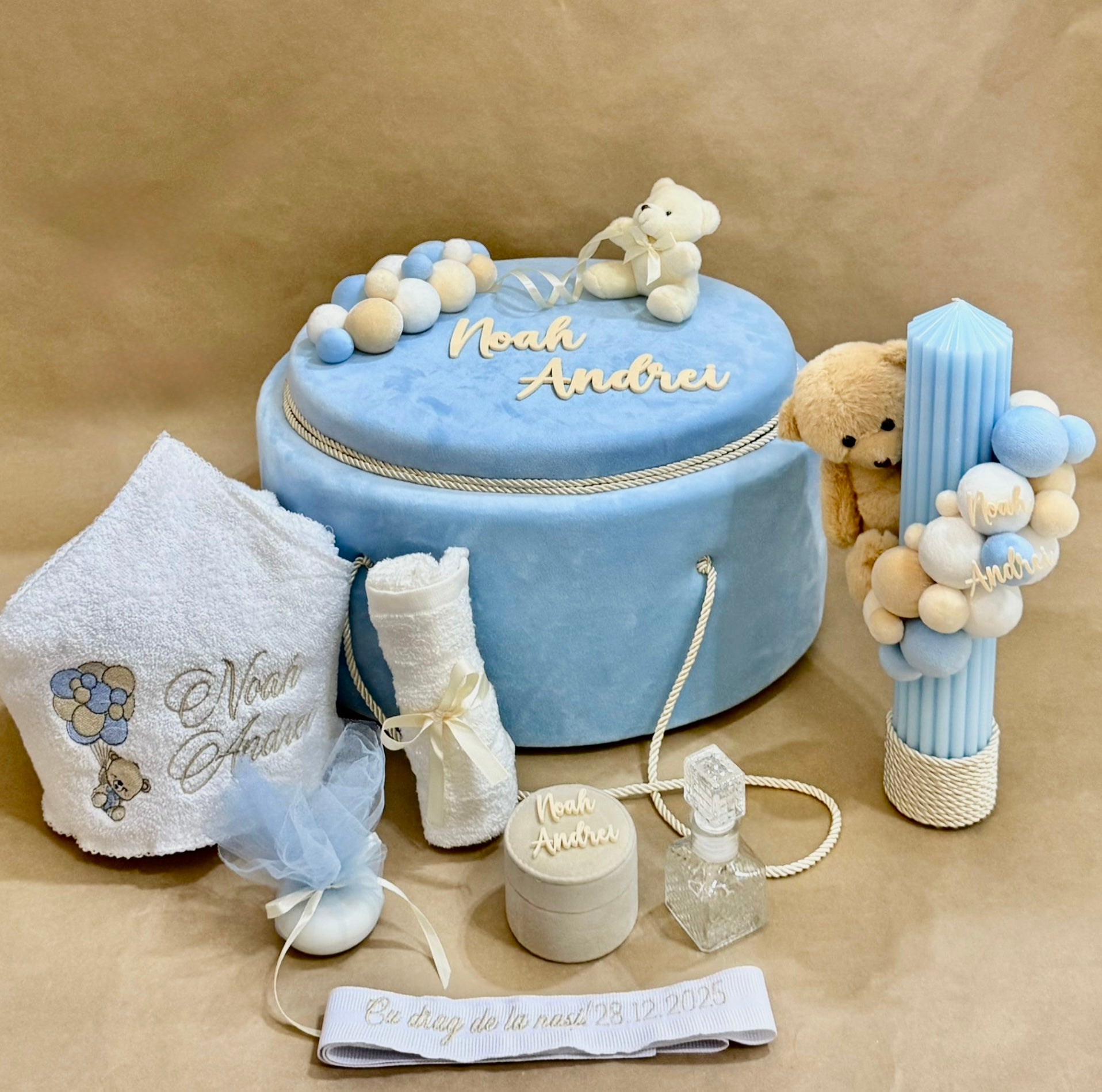 Trusou pentru botez personalizat ce include absolut tot ce e necesar baiat bleu albastru 