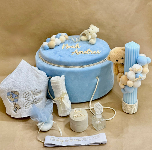 Trusou pentru botez personalizat ce include absolut tot ce e necesar baiat bleu albastru 
