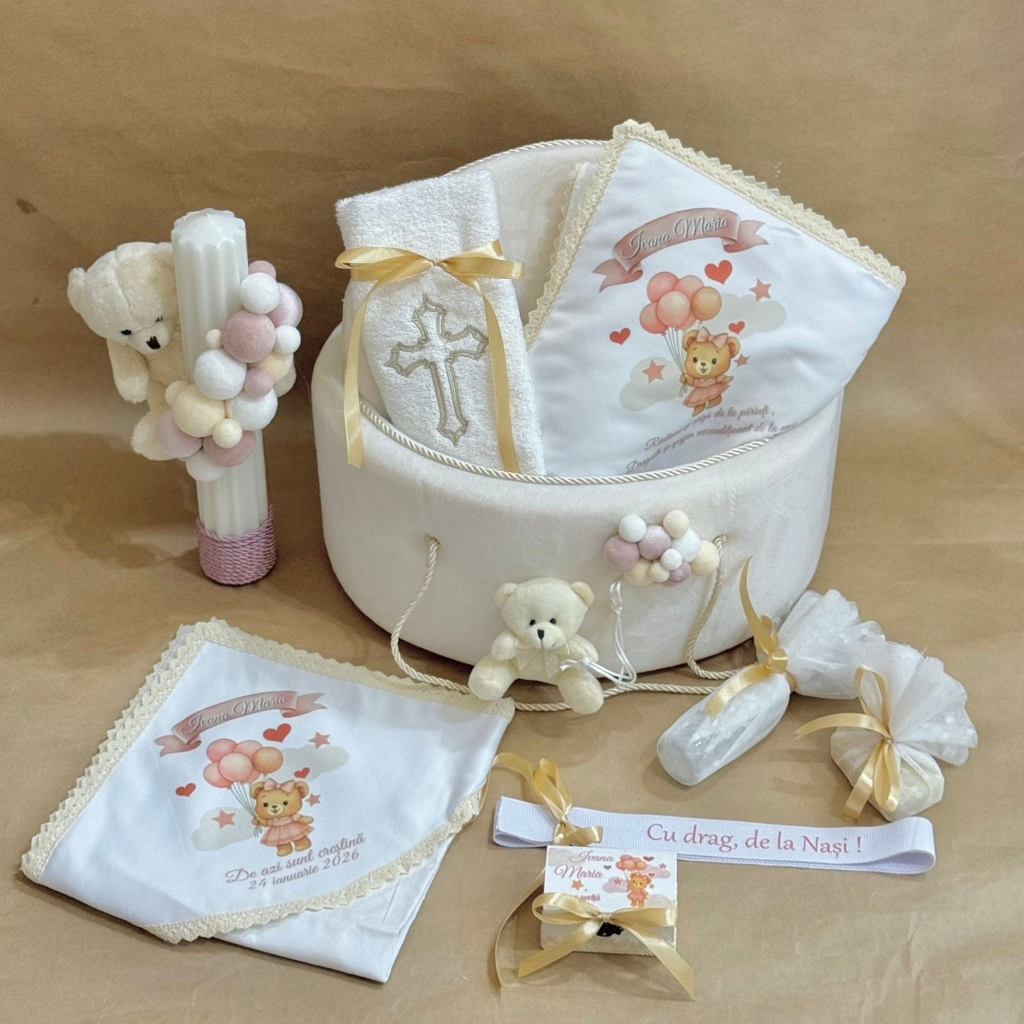 Trusou botez fetita roz ursulet